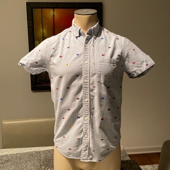 J.Crew Small Slim Fit Short Sleeve Blue Oxford Button Down Flag Print - Picture 1 of 6